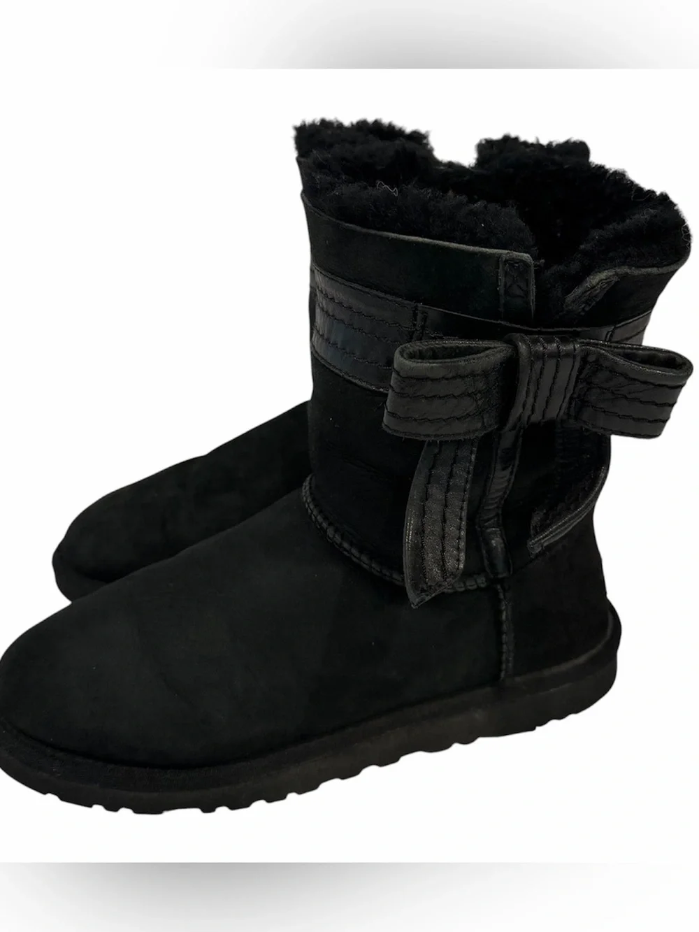 UGG Australia Josette Black Suede Sheepskin Bow Boots Women's 6